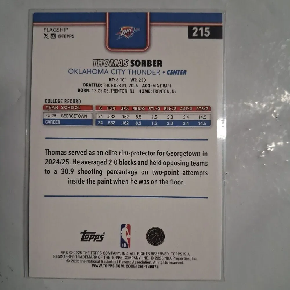 2025-26 Topps - Thomas Sorber #215 (RC)